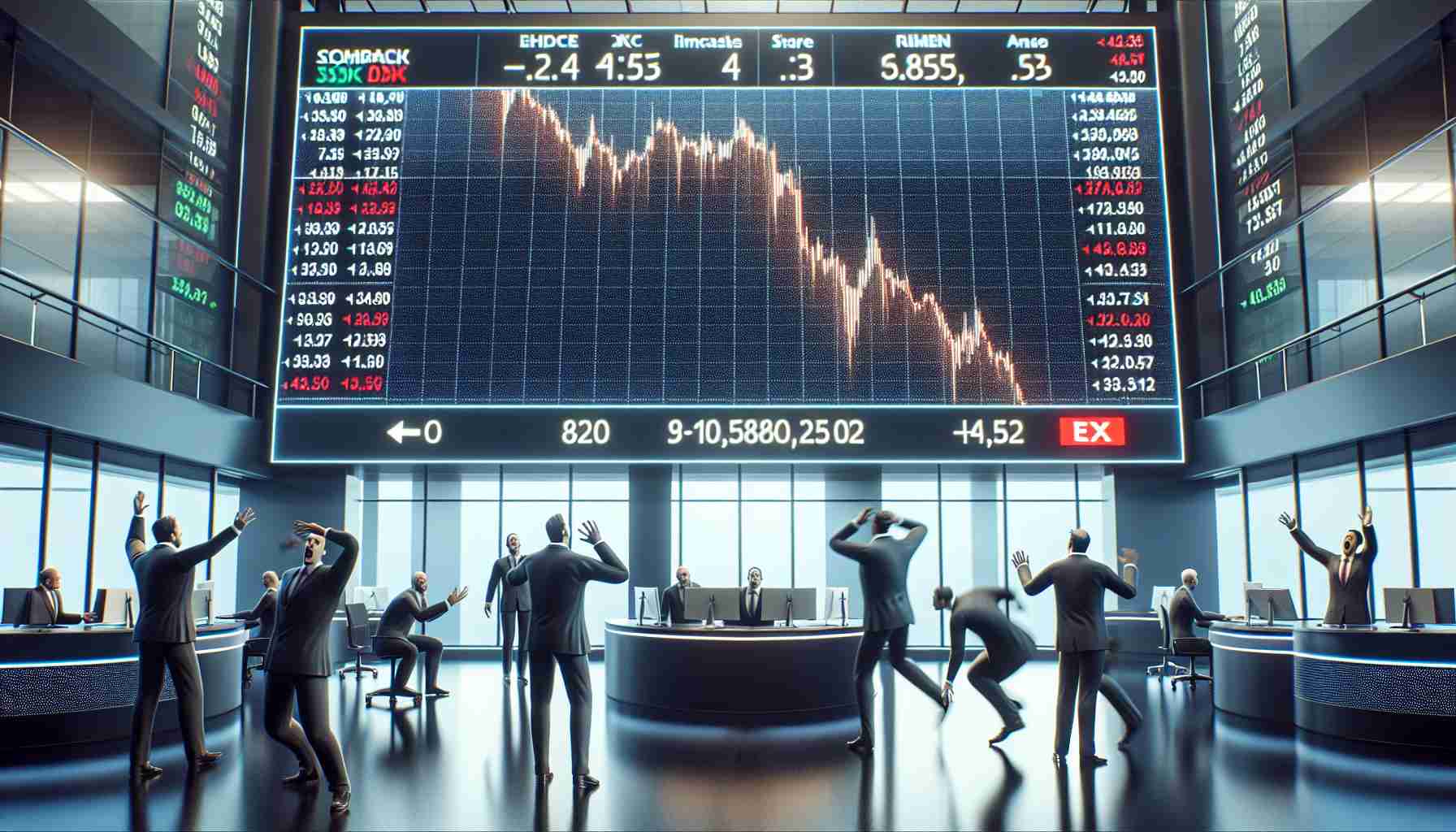 A high-definition, realistic image of a stock market scene. The focus should be on a large, electronic stock market billboard displaying a significant drop in share price, symbolising a company's stumbling debut. Brokers and traders visibly react with surprise and disappointment, providing an image of suspense and unexpected outcomes in the stock market. Please avoid specific company logos.