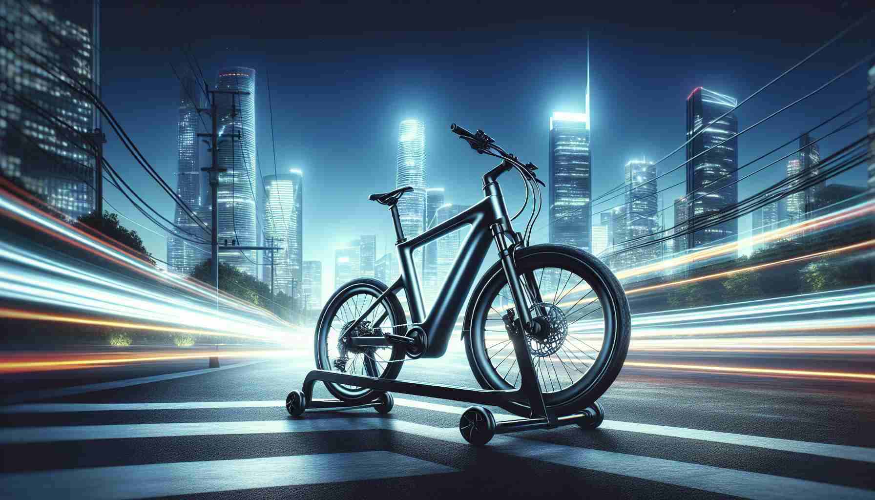 An ultra high-definition, hyper-realistic image illustrating the advent of urban adventure. Depict a sleek, modern and environmentally friendly electric bike positioned strategically in the midst of a bustling cityscape. Capture the untapped potential of the bike as it stands ready to take on the city, with its futuristic silhouette shining under the city lights. Let the design features accentuate its speedy capabilities and efficient electric propulsion, giving it a unique, fresh aesthetic. Paint it as the symbol of a new age of transportation, merging technology with convenience.