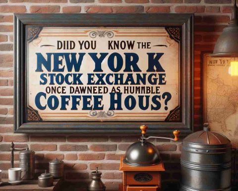 A realistic, high-definition image of a sign with the historical trivia statement 'Did You Know the New York Stock Exchange Once Dawned As a Humble Coffee House?'. The sign is hanging on the brick wall of an old-style coffee house, reminiscent of the humble beginnings of the New York Stock Exchange. There's an antique coffee grinder and vintage maps visible in the background, adding a touch of authenticity to the scene.