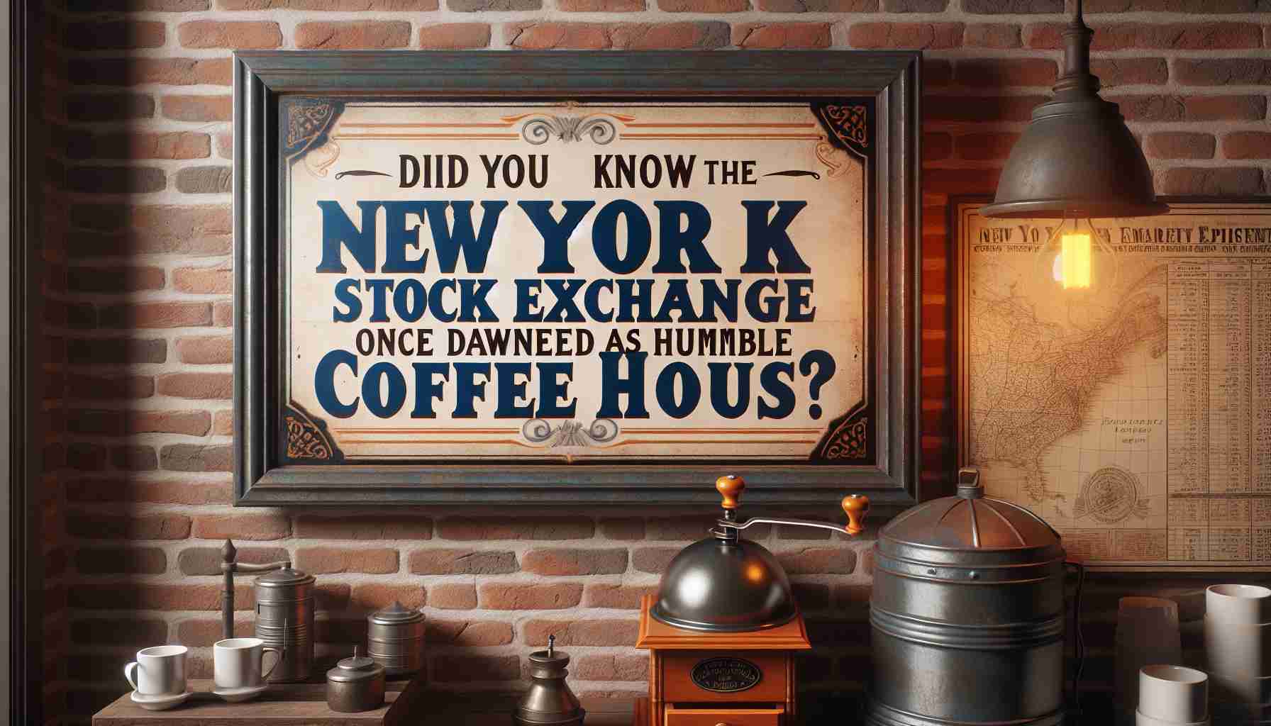 A realistic, high-definition image of a sign with the historical trivia statement 'Did You Know the New York Stock Exchange Once Dawned As a Humble Coffee House?'. The sign is hanging on the brick wall of an old-style coffee house, reminiscent of the humble beginnings of the New York Stock Exchange. There's an antique coffee grinder and vintage maps visible in the background, adding a touch of authenticity to the scene.