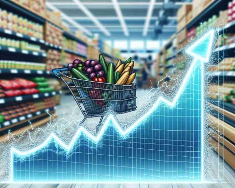 A high definition, realistic image of a grocery stock illustration, hovering on the edge of a surge. The stock illustration should be represented by a line graph with an upward trend, indicating potential major surge. The backdrop should indicate a bustling grocery store filled with various food products.