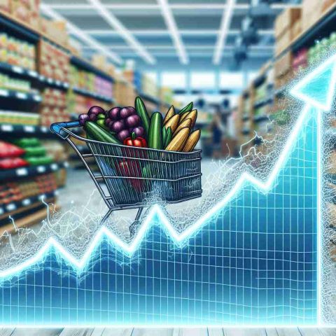 A high definition, realistic image of a grocery stock illustration, hovering on the edge of a surge. The stock illustration should be represented by a line graph with an upward trend, indicating potential major surge. The backdrop should indicate a bustling grocery store filled with various food products.