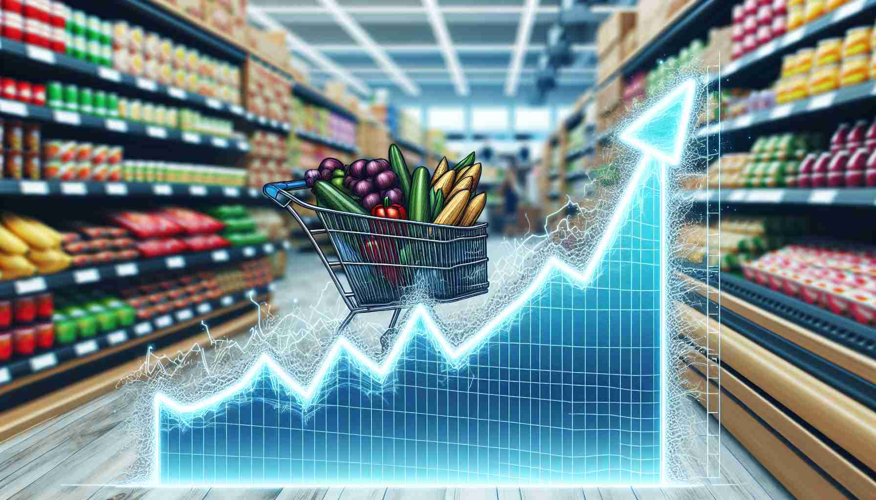 A high definition, realistic image of a grocery stock illustration, hovering on the edge of a surge. The stock illustration should be represented by a line graph with an upward trend, indicating potential major surge. The backdrop should indicate a bustling grocery store filled with various food products.