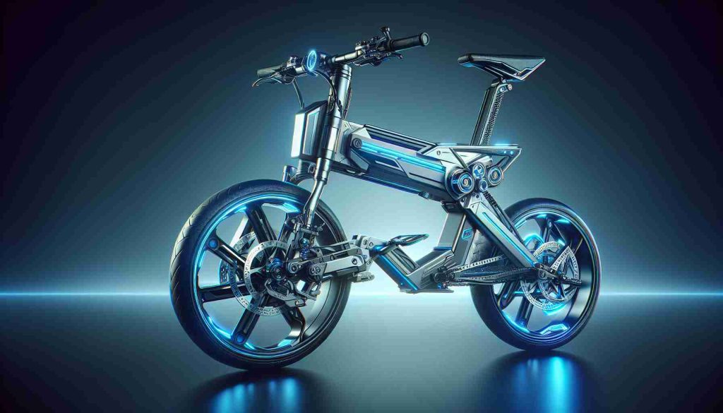 A high-definition realistic image of a futuristic foldable electric bike. This revolutionary vehicle features a sleek, streamlined design with agile performance in mind. Its strong, compact structure enables easy folding for convenient storage. Advanced technology is demonstrated through an integrated electric motor that provides impressive speed and efficiency. The bike is also equipped with cutting-edge safety features like advanced brake systems and bright LED headlights for night-time visibility. The color scheme of the bike is a captivating blend of reflective silver and neon blue accents, embodying the essence of the future.