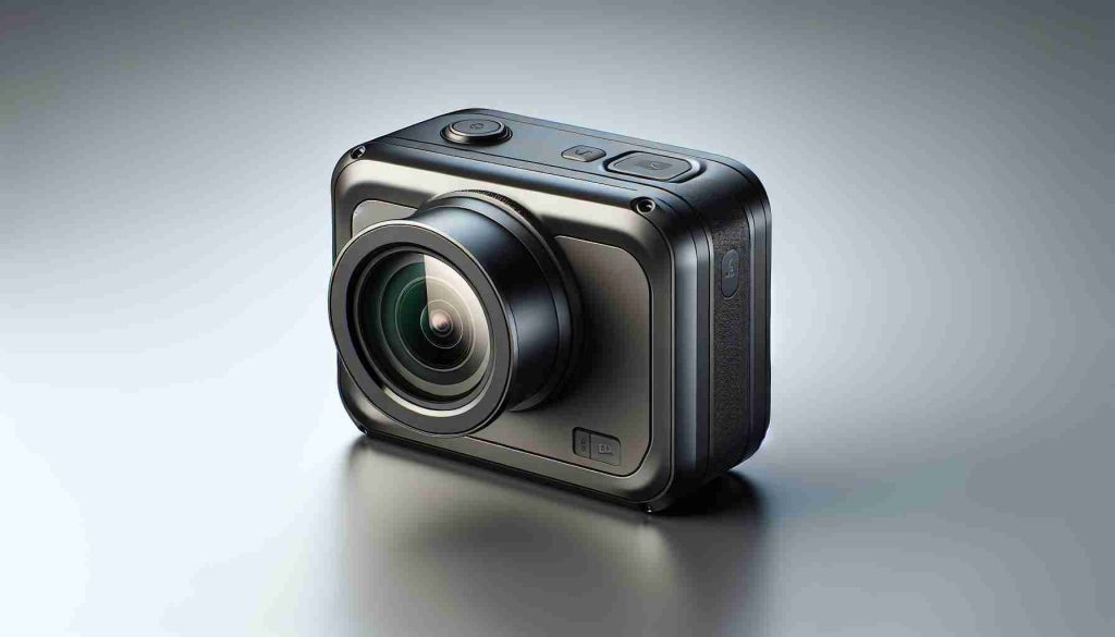 High-definition image of a trendy modern action camera device. A cutting-edge model which is compact and sleek, ideal for outdoor adventures and sports photography. It features a sturdy case, a large wide-angle lens at the front, and simple control buttons on the top. The branding of this hypothetical model is 'Lamax'. Please include a visible brand label on the design.