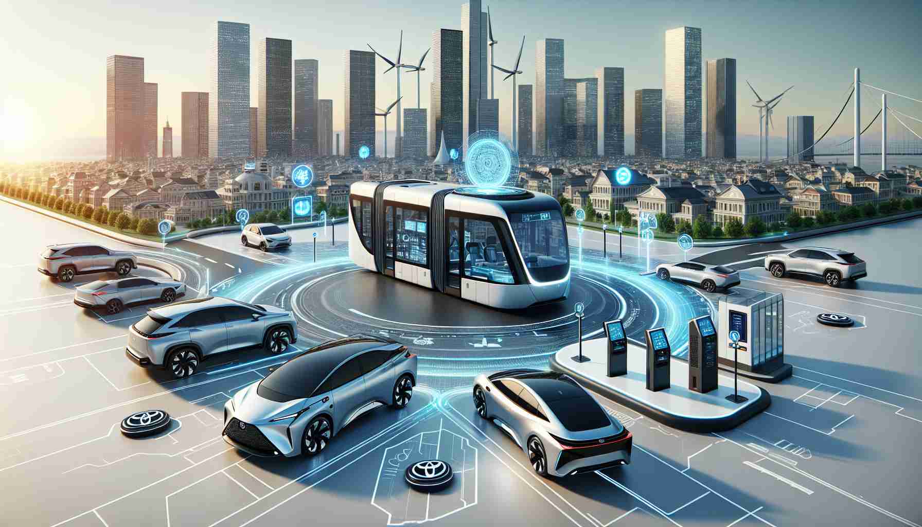 An image depicting a conceptual view of a scene where Toyota is investing in cutting-edge urban mobility solutions. Display a cityscape with several sleek, modern-looking Toyota vehicles, which can include electric cars and futuristic public transportation models. Also show a few technology elements like charging stations, smart traffic control systems, and interactive kiosks, supporting the narrative of high-tech urban mobility solutions. The emphasis should be on realism and high resolution.