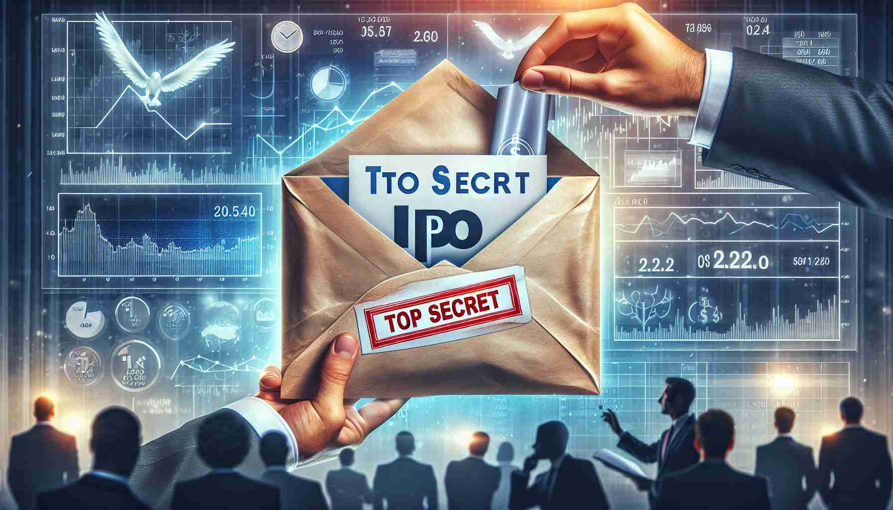 A high-definition, realistic illustration of a finance-themed scenario: An envelope with a 'Top Secret' label is being opened (unveiled) by a person's hand. The label 'IXIGO IPO Price' is clearly written on the envelope. Around the scene, there are various financial symbols and graphs, indicating a sense of mystery and anticipation. The background includes stock market charts and ticker tapes and people in business attire can be seen discussing and pondering over this newly revealed information. The overall scene should convey the buzz and excitement associated with a new IPO launch.