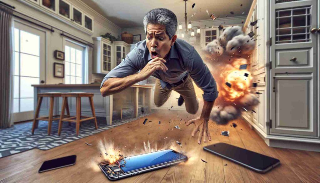 Generate a high-definition, realistic illustration of a near miss situation where a middle-aged Hispanic man narrowly avoids harm from a sudden explosion produced by his smartphone battery. Show elements of surprise and relief on the man's face. He is in a casual setting, not professionally attired, possibly within a home setting. Capture twitching movements as if he has just jumped away from his device. Include details such as the phone and its scattered parts, smoke emerging from the explosion, and a domestic interior background.