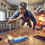 Generate a high-definition, realistic illustration of a near miss situation where a middle-aged Hispanic man narrowly avoids harm from a sudden explosion produced by his smartphone battery. Show elements of surprise and relief on the man's face. He is in a casual setting, not professionally attired, possibly within a home setting. Capture twitching movements as if he has just jumped away from his device. Include details such as the phone and its scattered parts, smoke emerging from the explosion, and a domestic interior background.