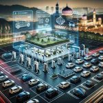 A high-definition, realistic image portraying the ambitious plans for Electric Vehicles in Malaysia. Include parking lots with charging stations filled with diverse electric vehicles of various makes and models. Also visualize the outline of conceptual drafts on transparent digital screens, showing vehicle designs, blueprints, and infrastructure plans. In the background, include depictions of Malaysian landmarks or natural landscapes, embodying the fusion of traditional culture and modern technology.