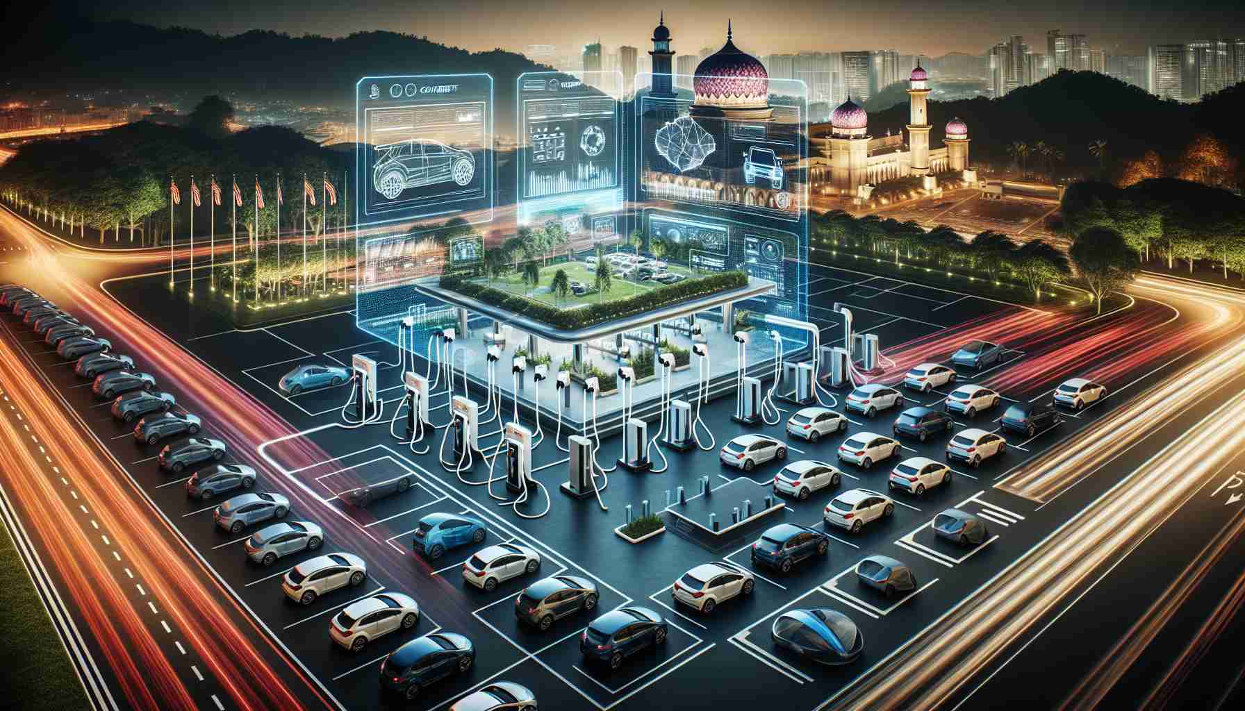 A high-definition, realistic image portraying the ambitious plans for Electric Vehicles in Malaysia. Include parking lots with charging stations filled with diverse electric vehicles of various makes and models. Also visualize the outline of conceptual drafts on transparent digital screens, showing vehicle designs, blueprints, and infrastructure plans. In the background, include depictions of Malaysian landmarks or natural landscapes, embodying the fusion of traditional culture and modern technology.