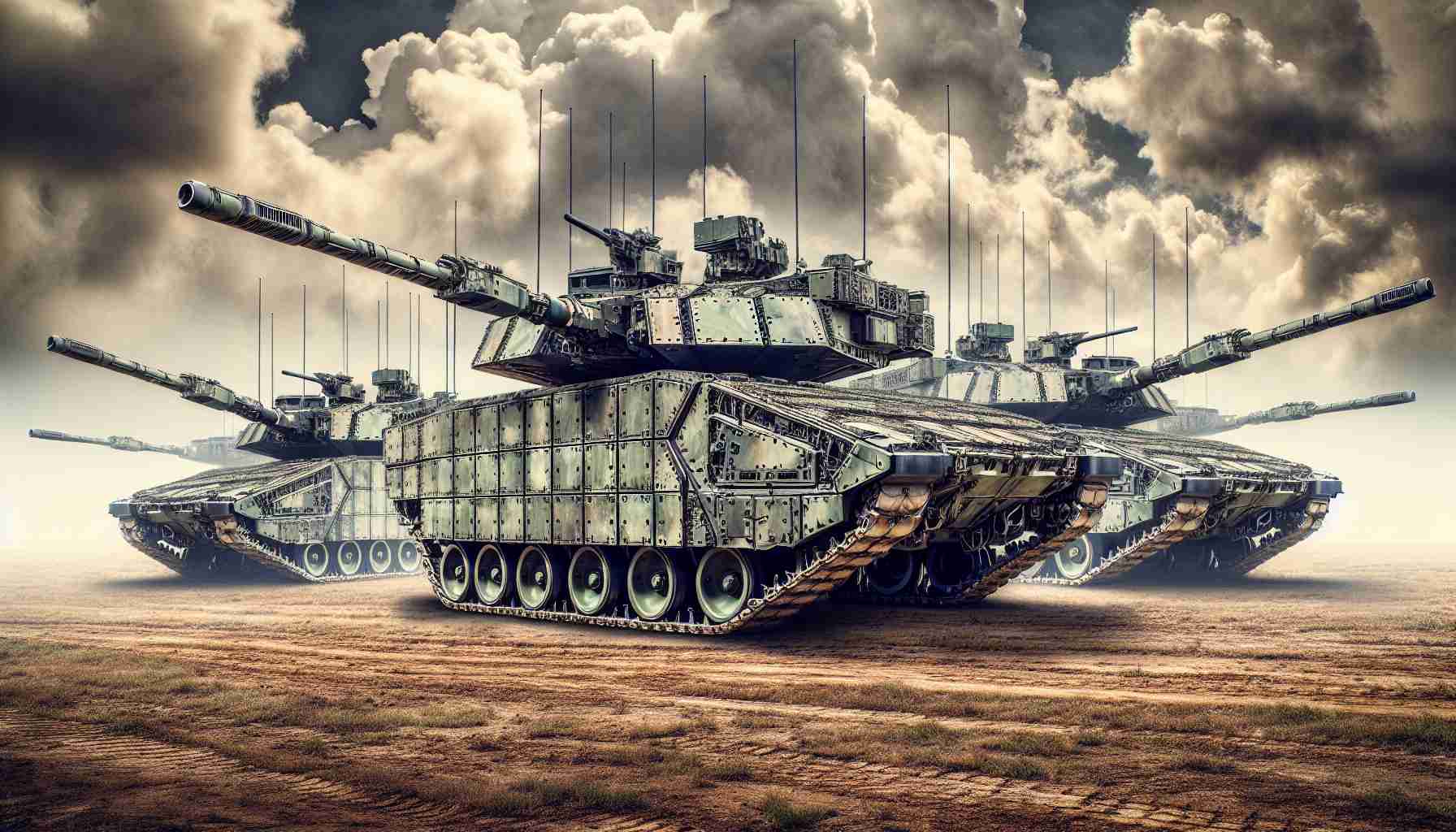 An image of revolutionary tanks that have influenced the future of warfare. These tanks, with their advanced technological innovations, hide more than what meets the eye. They are portrayed in a panoramic image taken on a wide, open battlefield under a clouded sky. The tanks are arranged in a formation indicating readiness for combat and are painted in camouflage colors to blend in with their surroundings. The photo should be in high definition and possess a realistic visual aesthetic.