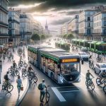 High-definition, realistic image of a new sustainable transportation initiative in Marseille, France. Picture a public transportation system bustling with energy-efficient, eco-friendly vehicles such as electric buses and shared bicycles. The scene takes place in the heart of the city with traditional Marseille architecture in the background. Ceaseless activity, pedestrians of mixed genders and races are embracing this green mode of travel, some checking mobile apps for bike availability or bus times. An overcast sky is casting a dramatic lighting over the cityscape, the future of urban transportation unfolding under the moody heavens.