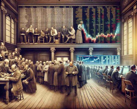 A high-definition, realistic illustration of the evolution of stock exchanges. The image should depict an antique stock exchange scene from the 1910s on one side, showing traders manually writing on boards and carrying out transactions in crowded rooms, and a modern stock exchange on the other side, with digital screens showing real-time trading data, computers and traders wearing headsets. The transition between the two stages should subtly depict the gradual advancement and evolution in technology.