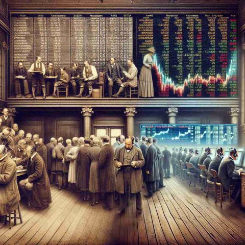 A high-definition, realistic illustration of the evolution of stock exchanges. The image should depict an antique stock exchange scene from the 1910s on one side, showing traders manually writing on boards and carrying out transactions in crowded rooms, and a modern stock exchange on the other side, with digital screens showing real-time trading data, computers and traders wearing headsets. The transition between the two stages should subtly depict the gradual advancement and evolution in technology.