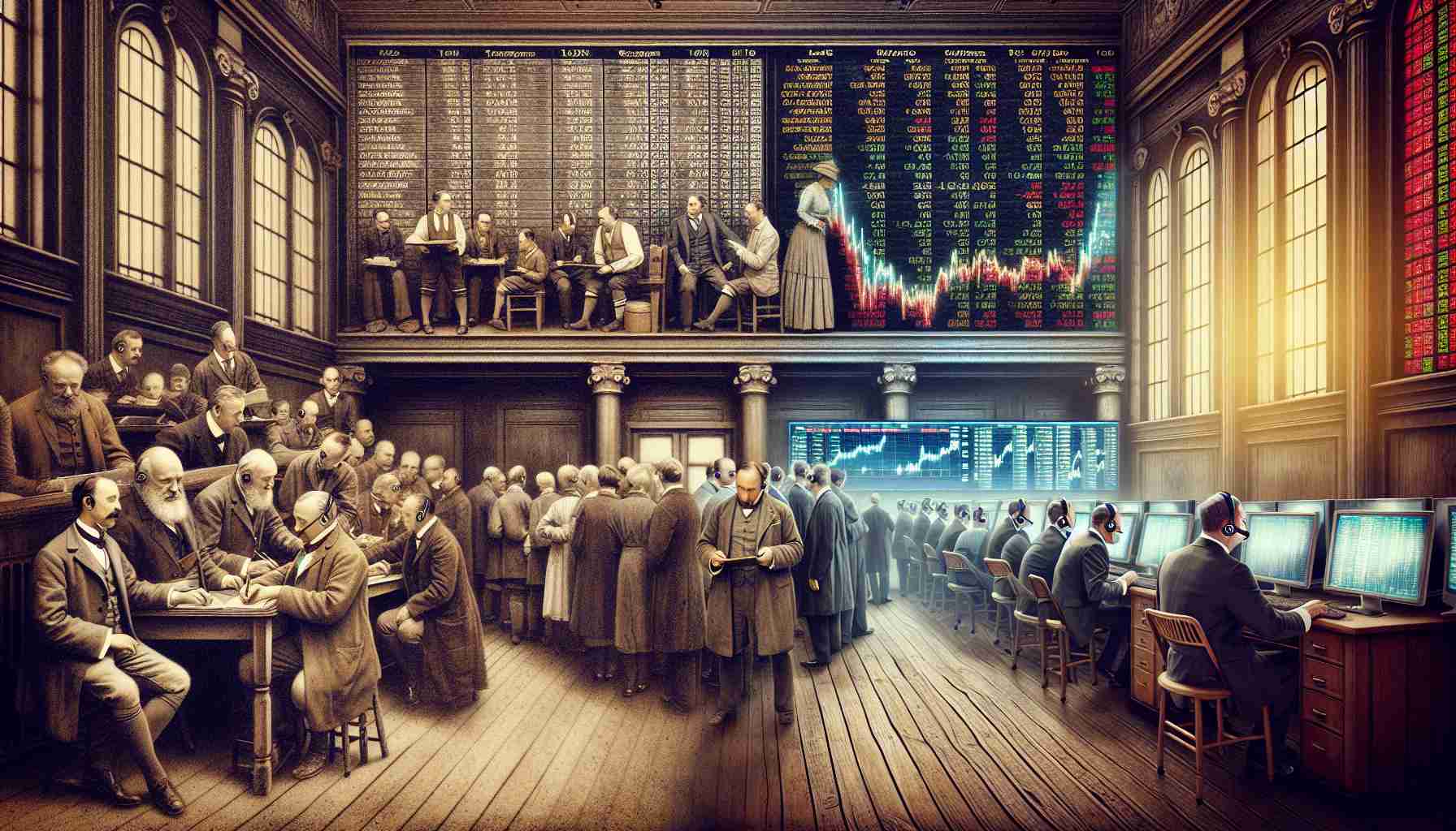 A high-definition, realistic illustration of the evolution of stock exchanges. The image should depict an antique stock exchange scene from the 1910s on one side, showing traders manually writing on boards and carrying out transactions in crowded rooms, and a modern stock exchange on the other side, with digital screens showing real-time trading data, computers and traders wearing headsets. The transition between the two stages should subtly depict the gradual advancement and evolution in technology.