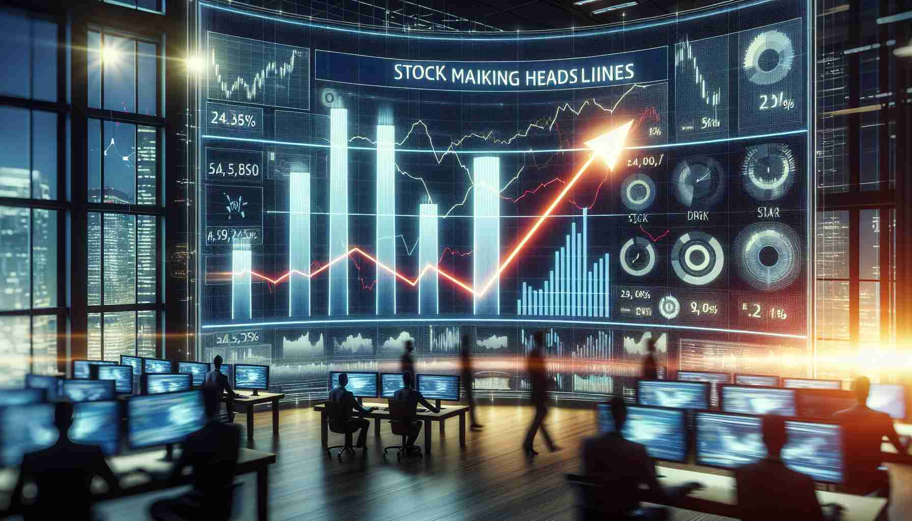 Create a detailed and realistic high-definition representation of an energy market concept. Depict large bar graphs and line charts with dynamic trends on a wide screen, symbolizing stocks making headlines. Show one stock, symbolized with a unique color, rising dramatically — indicating a surprising upsurge. Ensure the setting appears modern, perhaps a trading floor or financial hub, with people navigating computer systems to manage these stocks.