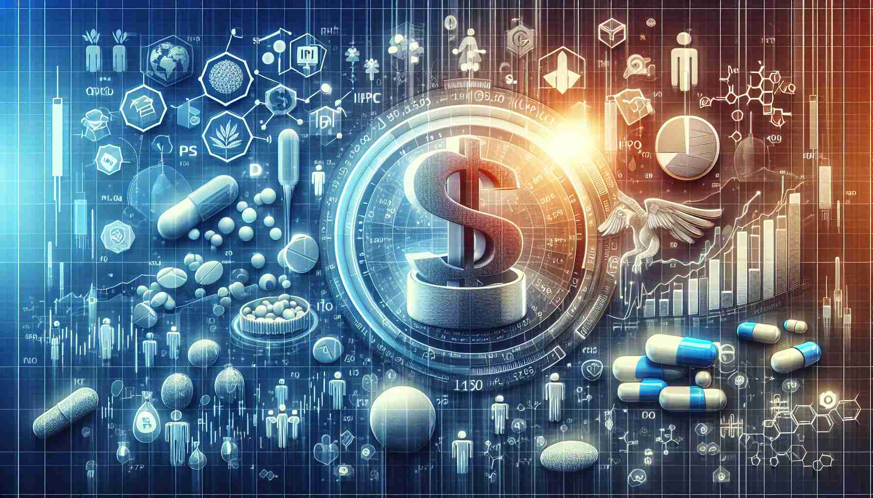 A high-resolution visualization related to the financial world and stock market, focusing on the pricing of an Initial Public Offering (IPO) for a generic pharmaceutical company. This abstract concept should be represented with symbols and elements representing investment, discussion, pharmaceuticals, and IPOs.