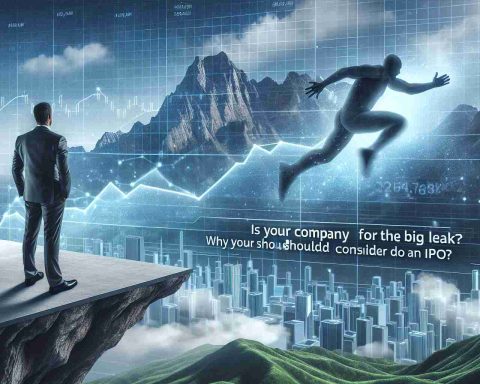 Realistic high-definition image featuring a graphical depiction of a company preparing for a significant transition. The main focus is a visual representation of a big leap, possibly symbolized by a strong jump or a mountain peak. Overlaying the scene is the thought-provoking question - 'Is Your Company Ready for the Big Leap? Why You Should Consider Doing an IPO'