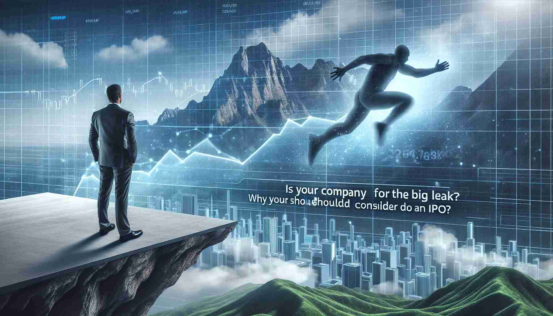 Realistic high-definition image featuring a graphical depiction of a company preparing for a significant transition. The main focus is a visual representation of a big leap, possibly symbolized by a strong jump or a mountain peak. Overlaying the scene is the thought-provoking question - 'Is Your Company Ready for the Big Leap? Why You Should Consider Doing an IPO'