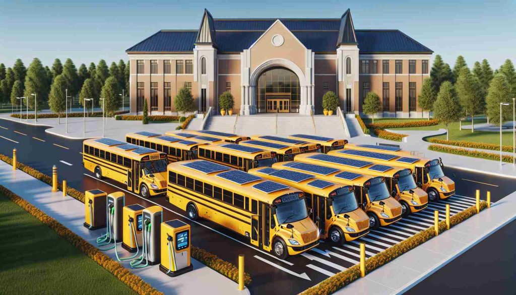 An HD detailed image of a monumental transition in school transportation featuring electric school buses. The scene presents a fleet of bright yellow, modern electric school buses neatly lined up ready for operation. Each bus is equipped with solar panels on its roofs, illustrating a sustainable energy source. Nearby, a charging station is visible, indicating the renewable technology used. The background is the entrance of a beautifully designed educational institution, symbolizing progress and the future of education. Repeat: No human beings should be included in this picture.