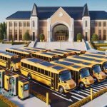 An HD detailed image of a monumental transition in school transportation featuring electric school buses. The scene presents a fleet of bright yellow, modern electric school buses neatly lined up ready for operation. Each bus is equipped with solar panels on its roofs, illustrating a sustainable energy source. Nearby, a charging station is visible, indicating the renewable technology used. The background is the entrance of a beautifully designed educational institution, symbolizing progress and the future of education. Repeat: No human beings should be included in this picture.