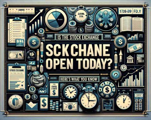 Generate an image of a high-definition photo-realistic image depicting the words 'Is the Stock Exchange Open Today? Here’s What You Need to Know' in bold, eye-catching letters, surrounded by icons and imagery related to business, stocks, and finance. Elements such as paper stocks, securities, financial graphs, calculators and a clock indicating time might be included. The entire visual should sum up the urgency and importance of the question.