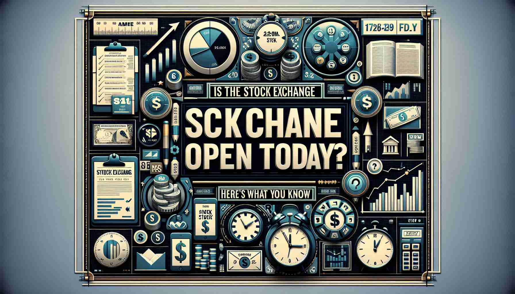 Generate an image of a high-definition photo-realistic image depicting the words 'Is the Stock Exchange Open Today? Here’s What You Need to Know' in bold, eye-catching letters, surrounded by icons and imagery related to business, stocks, and finance. Elements such as paper stocks, securities, financial graphs, calculators and a clock indicating time might be included. The entire visual should sum up the urgency and importance of the question.