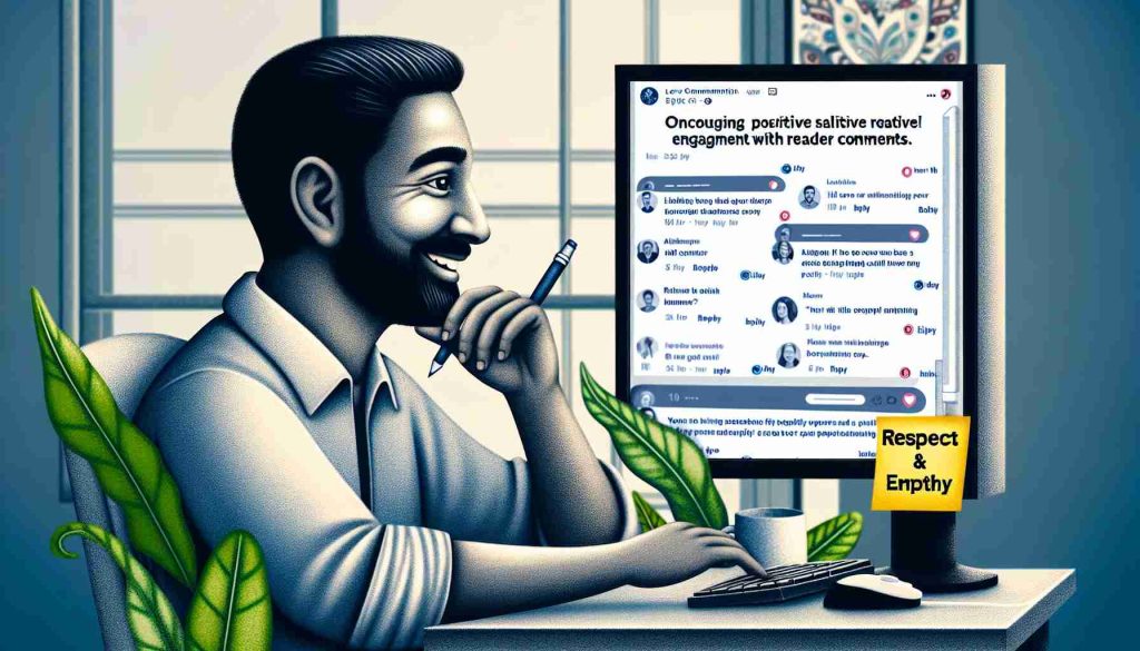 Depict a realistic HD scenario showcasing the theme of encouraging positive engagement with reader comments. The image should present a person from a South Asian descent sitting in front of a computer, responding thoughtfully to a wide range of reader comments on an online platform. Their face should be radiant with a warm and welcoming smile, while body language should convey openness and positivity. The computer screen should display a comment section filled with diverse views and respectful dialogue, possibly even showcasing a few positive reactions from readers. A small sticky note reminder saying 'Respect & Empathy' should be visible on the edge of the computer screen.