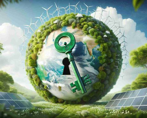 A high-definition, realistic image depicting the concept of clean energy as the key to saving our planet. This can include a large, green key symbolically representing renewable energy sources (like wind turbines, solar panels), standing against the backdrop of a healthy, thriving planet Earth. The keyhole can be depicted as the globe itself, symbolizing the fit of clean energy solutions to the environmental issues we face.