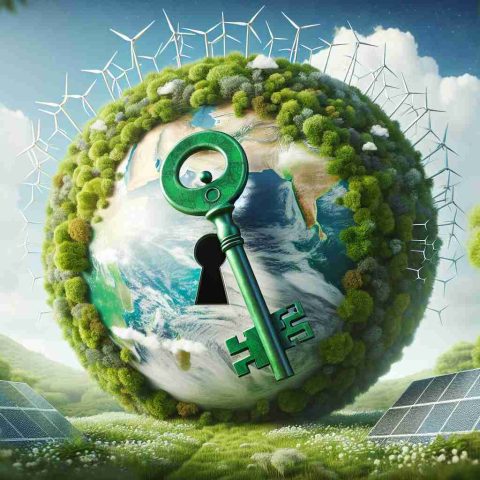 A high-definition, realistic image depicting the concept of clean energy as the key to saving our planet. This can include a large, green key symbolically representing renewable energy sources (like wind turbines, solar panels), standing against the backdrop of a healthy, thriving planet Earth. The keyhole can be depicted as the globe itself, symbolizing the fit of clean energy solutions to the environmental issues we face.