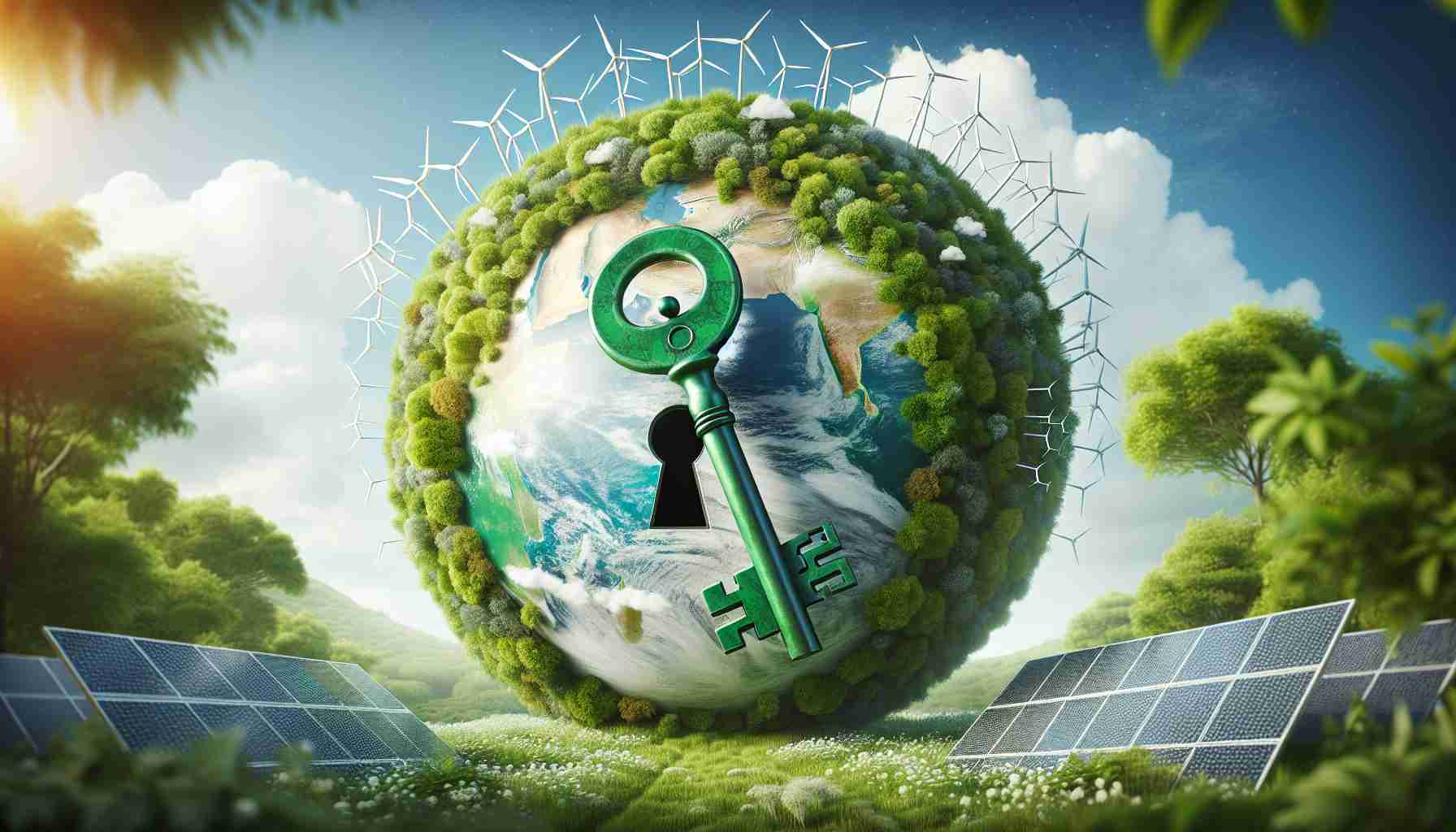 A high-definition, realistic image depicting the concept of clean energy as the key to saving our planet. This can include a large, green key symbolically representing renewable energy sources (like wind turbines, solar panels), standing against the backdrop of a healthy, thriving planet Earth. The keyhole can be depicted as the globe itself, symbolizing the fit of clean energy solutions to the environmental issues we face.