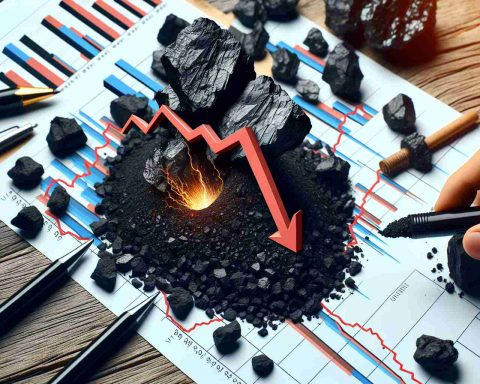 Create an HD interpretation of a financial downturn represented metaphorically with coal representing the company of Coal India. This setback might be symbolized by an image of a downward trending line chart superimposed on a real pile of raw coal. Further, display the unexpected nature of the event as a twist in the mining drill present in the coal. This surprising twist can be represented by a dramatic curve or surprise element in the composition of the image.