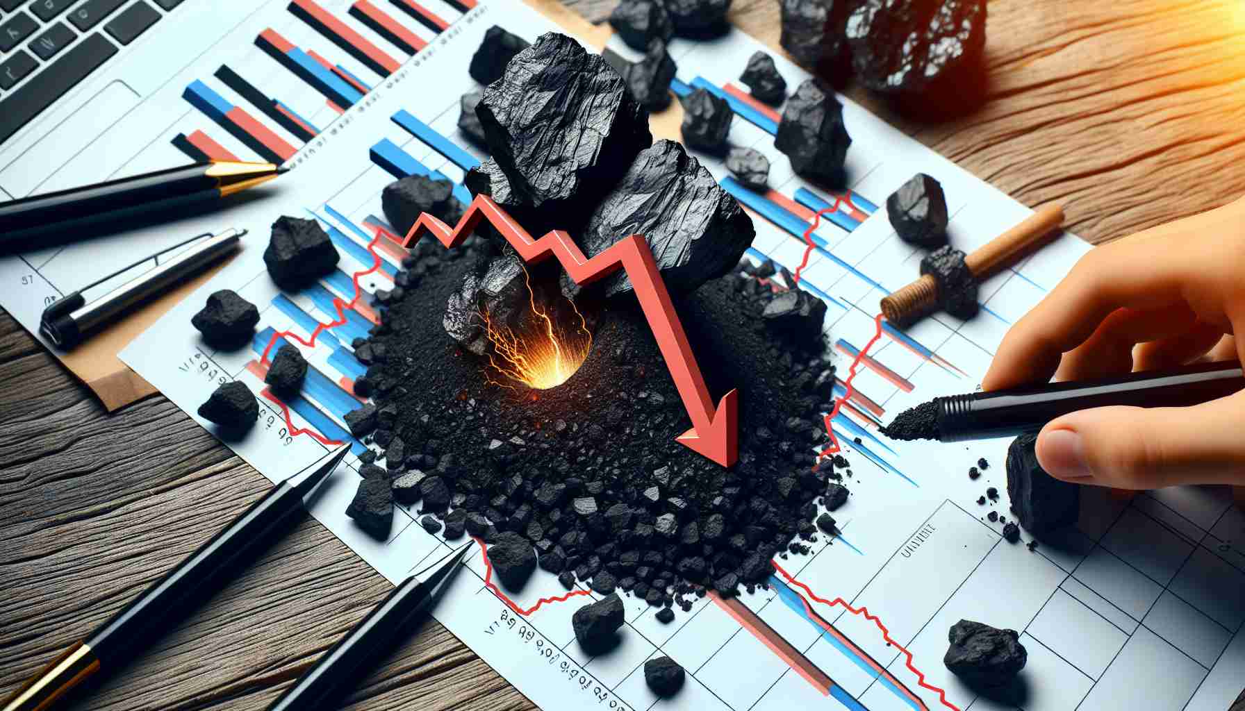 Create an HD interpretation of a financial downturn represented metaphorically with coal representing the company of Coal India. This setback might be symbolized by an image of a downward trending line chart superimposed on a real pile of raw coal. Further, display the unexpected nature of the event as a twist in the mining drill present in the coal. This surprising twist can be represented by a dramatic curve or surprise element in the composition of the image.