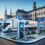 Create a high-definition, realistic image of a new electric truck charging network being unveiled in Europe. Show the charging stations distributed in a close network in a spacious outdoor area. Include a few electric trucks of different makes and models parked and plugged into the charging stations. Enhance the futuristic vibe by illustrating technologies such as digital user panels for truck drivers to interact with the charging station. Set the scene in a European setting by including elements like European architecture or signs written in European languages in the background.