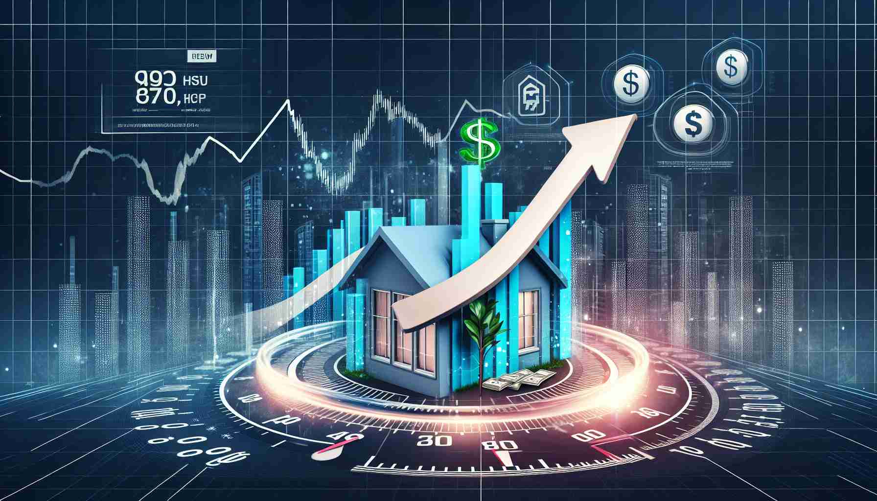 A high-definition image representing the concept of a newly emerging healthcare real estate stock, symbolizing potential for substantial profits. Visual elements to include a rising arrow graph to denote growth, a tachometer indicating high speed, a property or building representing real estate, and other financial symbols such as dollar signs or coins to represent potential profits. The image should convey a sense of exclusivity and trend-setting.