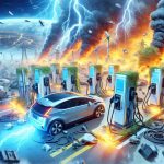 Create a high definition realistic image depicting the surprising event that just occurred involving thousands of electric vehicle charging stations. The image should capture the unexpected nature of the event and its widespread impact on the charging stations. Additional details to further communicate the scale and magnitude of the event can help to better emphasize its unpredicted nature.