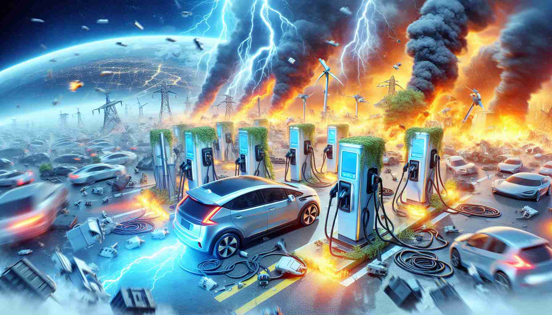 Create a high definition realistic image depicting the surprising event that just occurred involving thousands of electric vehicle charging stations. The image should capture the unexpected nature of the event and its widespread impact on the charging stations. Additional details to further communicate the scale and magnitude of the event can help to better emphasize its unpredicted nature.