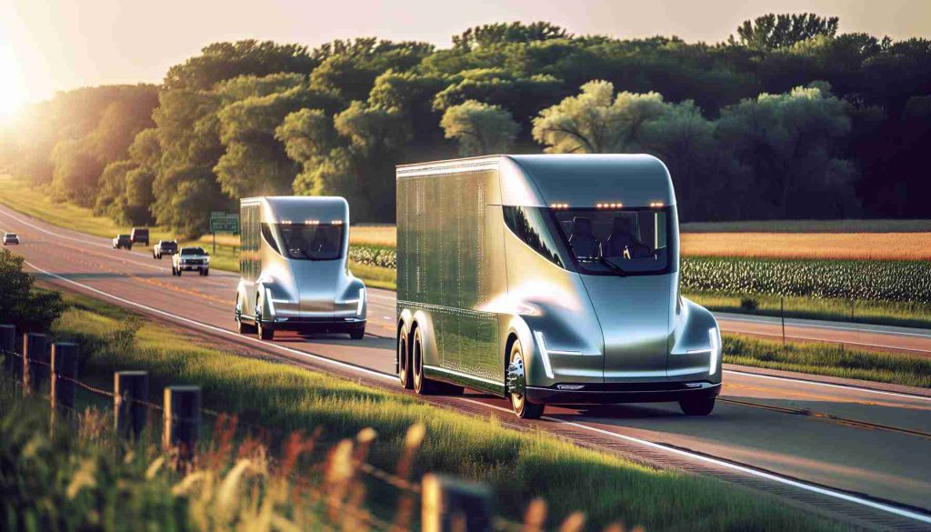 Classic American Midwest scene with a green nature background. The focus of the picture should be on two futuristic hydrogen-powered trucks. They are newly designed, sparkling clean, and exude a sense of revolution in the transportation industry. They are driving along a highway in Illinois, United States. The trucks have a modern, aerodynamic shape, indicating they are the latest additions to the fleet. Sunlight is reflecting off the metallic surface of the trucks, giving them an attractive shine. In the background, spectators are observing the trucks with anticipation and admiration.