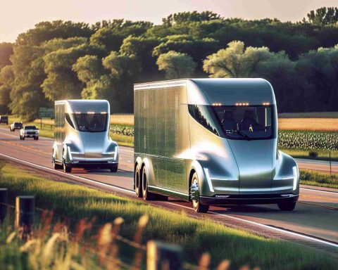 Classic American Midwest scene with a green nature background. The focus of the picture should be on two futuristic hydrogen-powered trucks. They are newly designed, sparkling clean, and exude a sense of revolution in the transportation industry. They are driving along a highway in Illinois, United States. The trucks have a modern, aerodynamic shape, indicating they are the latest additions to the fleet. Sunlight is reflecting off the metallic surface of the trucks, giving them an attractive shine. In the background, spectators are observing the trucks with anticipation and admiration.