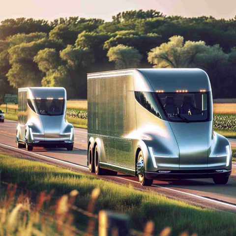 Classic American Midwest scene with a green nature background. The focus of the picture should be on two futuristic hydrogen-powered trucks. They are newly designed, sparkling clean, and exude a sense of revolution in the transportation industry. They are driving along a highway in Illinois, United States. The trucks have a modern, aerodynamic shape, indicating they are the latest additions to the fleet. Sunlight is reflecting off the metallic surface of the trucks, giving them an attractive shine. In the background, spectators are observing the trucks with anticipation and admiration.