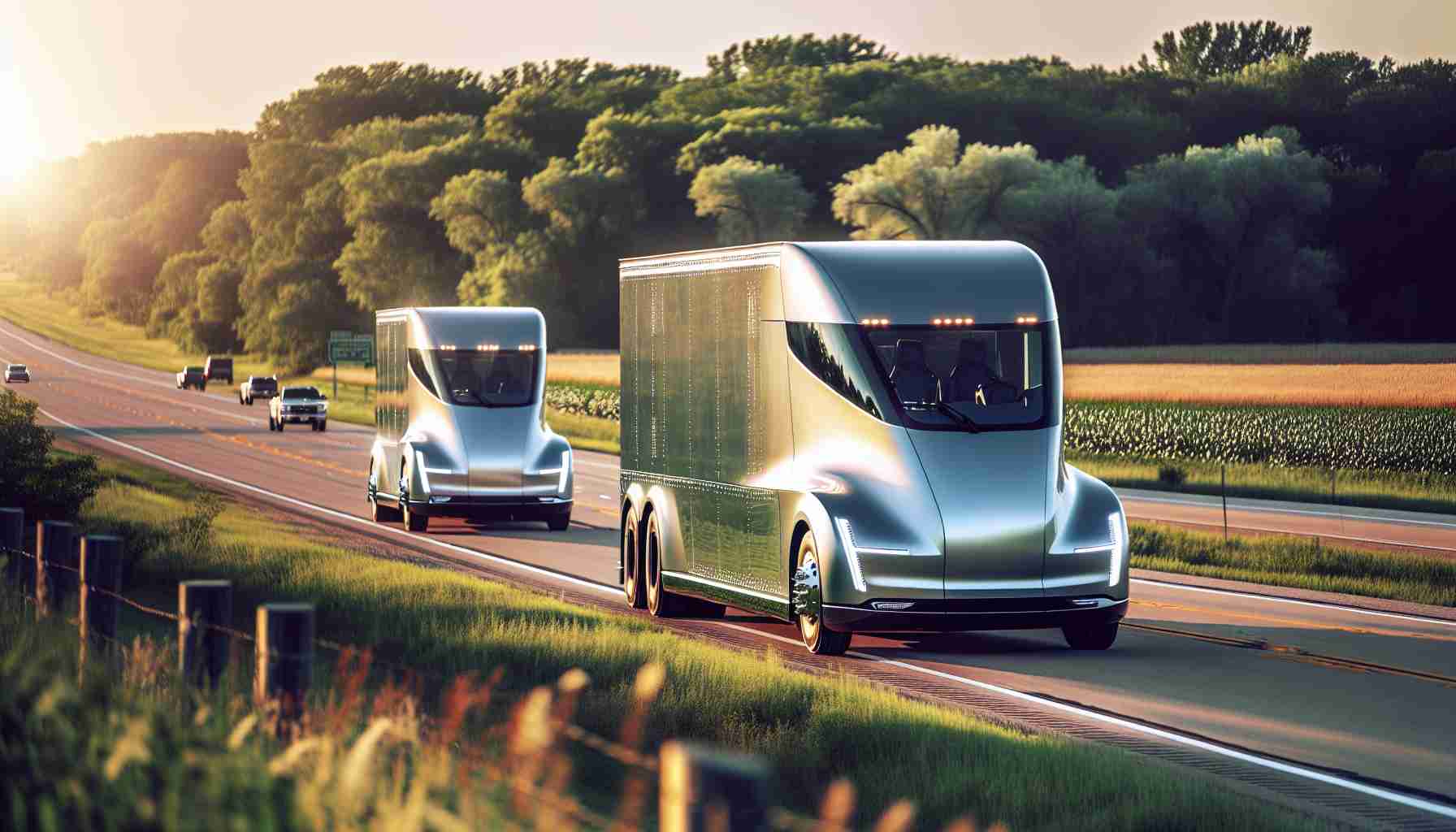 Classic American Midwest scene with a green nature background. The focus of the picture should be on two futuristic hydrogen-powered trucks. They are newly designed, sparkling clean, and exude a sense of revolution in the transportation industry. They are driving along a highway in Illinois, United States. The trucks have a modern, aerodynamic shape, indicating they are the latest additions to the fleet. Sunlight is reflecting off the metallic surface of the trucks, giving them an attractive shine. In the background, spectators are observing the trucks with anticipation and admiration.