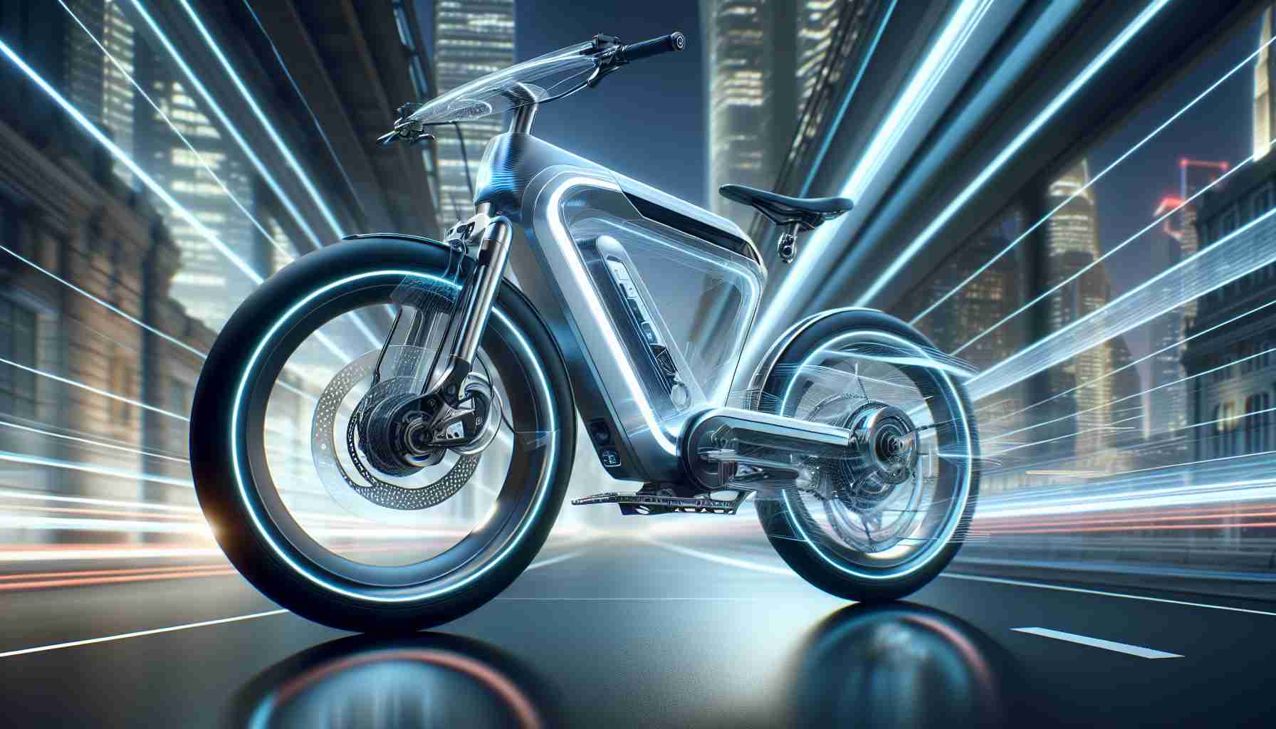 Generate a photorealistic, high-definition image of an advanced, futuristic concept called 'The Futuristic Freedom'. It is an electrical bicycle created by a fictional company named 'AeroTech'. The E-Bike is designed flawlessly with sleek lines and a polished finish. It has an ultra-modern aesthetic and is outfitted with advanced technology such as LED lights, wireless charging, and an integrated navigation system. The bike is depicted in a dynamic, urban environment, emphasising the mobility and freedom it offers.