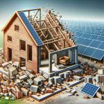 Generate an HD realistic image showcasing a significant shift in home building strategy. In this depiction, traditional materials such as bricks and cement are emphasized, indicating a movement away from earlier practices. In the background, solar panels are seen, looking dismantled and abandoned, signifying the reduction in their prioritization.