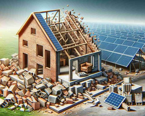 Generate an HD realistic image showcasing a significant shift in home building strategy. In this depiction, traditional materials such as bricks and cement are emphasized, indicating a movement away from earlier practices. In the background, solar panels are seen, looking dismantled and abandoned, signifying the reduction in their prioritization.