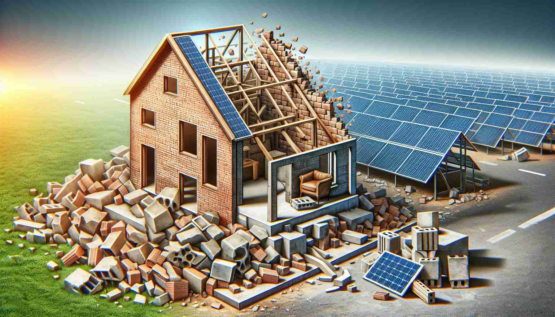 Generate an HD realistic image showcasing a significant shift in home building strategy. In this depiction, traditional materials such as bricks and cement are emphasized, indicating a movement away from earlier practices. In the background, solar panels are seen, looking dismantled and abandoned, signifying the reduction in their prioritization.