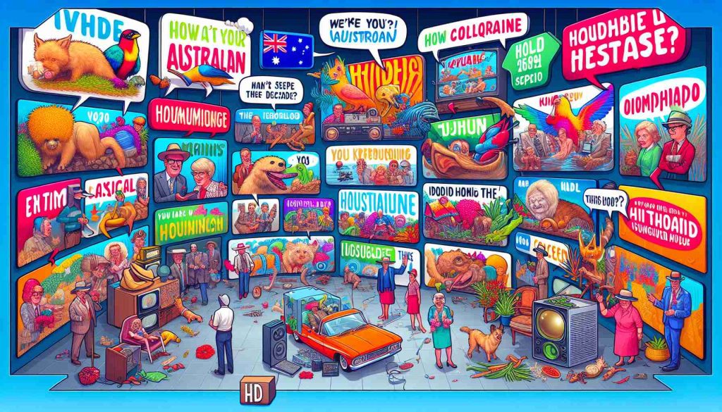 An HD depiction of iconic Australian phrases through the decades. The scene should be divided into segments, each representing a different decade and displaying the popular phrases in illustrative, creative and colorful ways. Each phrase should manifest in playful and vibrant visual elements that highlight the colloquial and quirky nature of Australian slang.