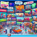 An HD depiction of iconic Australian phrases through the decades. The scene should be divided into segments, each representing a different decade and displaying the popular phrases in illustrative, creative and colorful ways. Each phrase should manifest in playful and vibrant visual elements that highlight the colloquial and quirky nature of Australian slang.