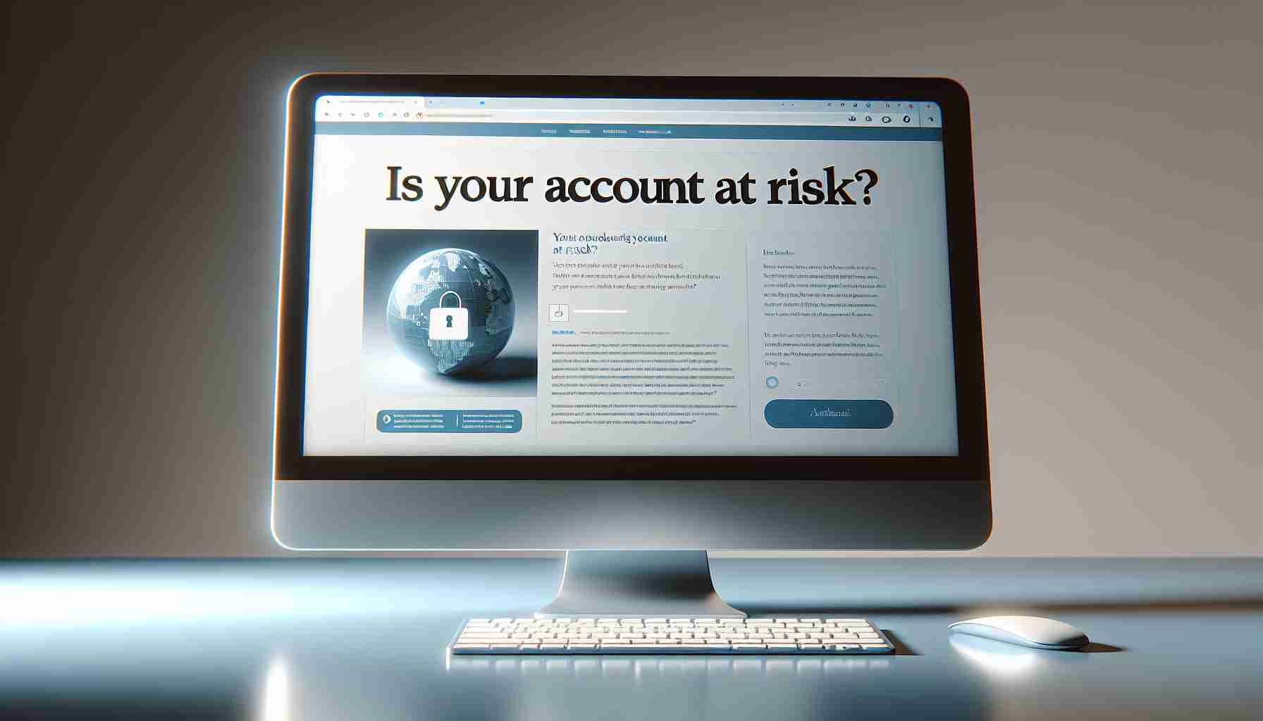 A realistic image in high definition of a computer screen with an open internet browser. On the screen is a headline that reads, 'Is Your Account At Risk?'. Below the headline, there is an article providing information about potential cybersecurity threats and ways one's account could be at risk. The colour scheme of the webpage is neutral, and includes tones of blue for accent and highlighting key points.