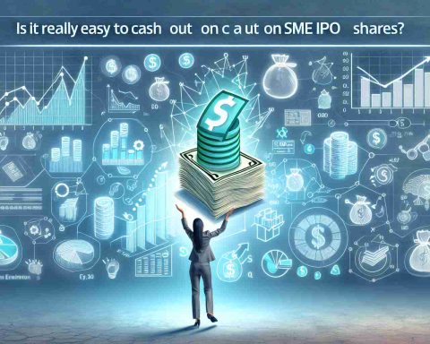 Design a realistic, high-definition image representing the process of cashing out on small and medium enterprise (SME) Initial Public Offerings (IPO) shares. It can include symbols representing growth, investments (such as graphs or charts), or a person happily realizing the earnings from these shares. The question 'Is It Really Easy to Cash Out on SME IPO Shares?' prominently features at the top of the image.